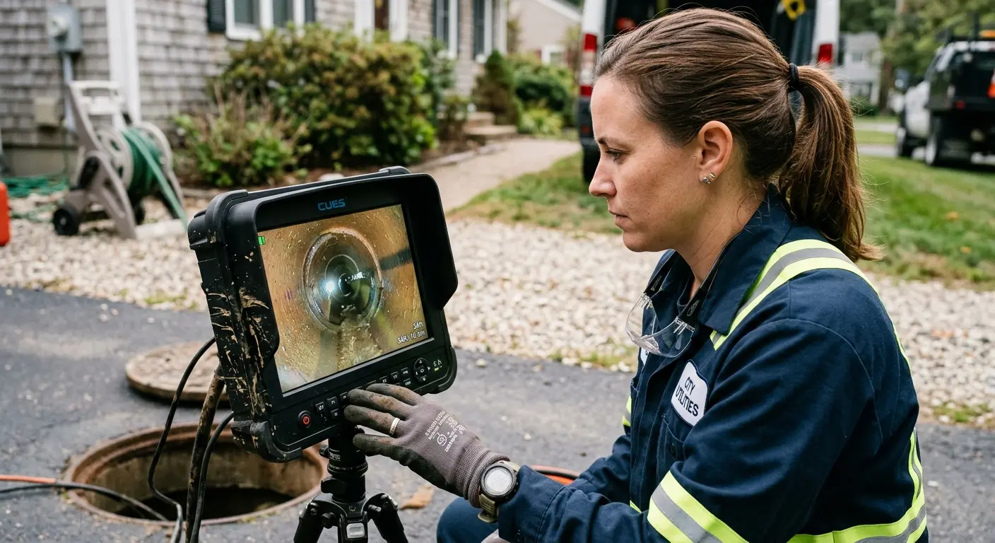 Technician reviewing sewer camera inspection footage in East Nottingham
