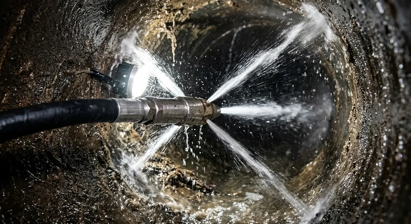 High-pressure hydro jetting nozzle cleaning sewer pipe for Trenchless Sewer Repair in East Nottingham