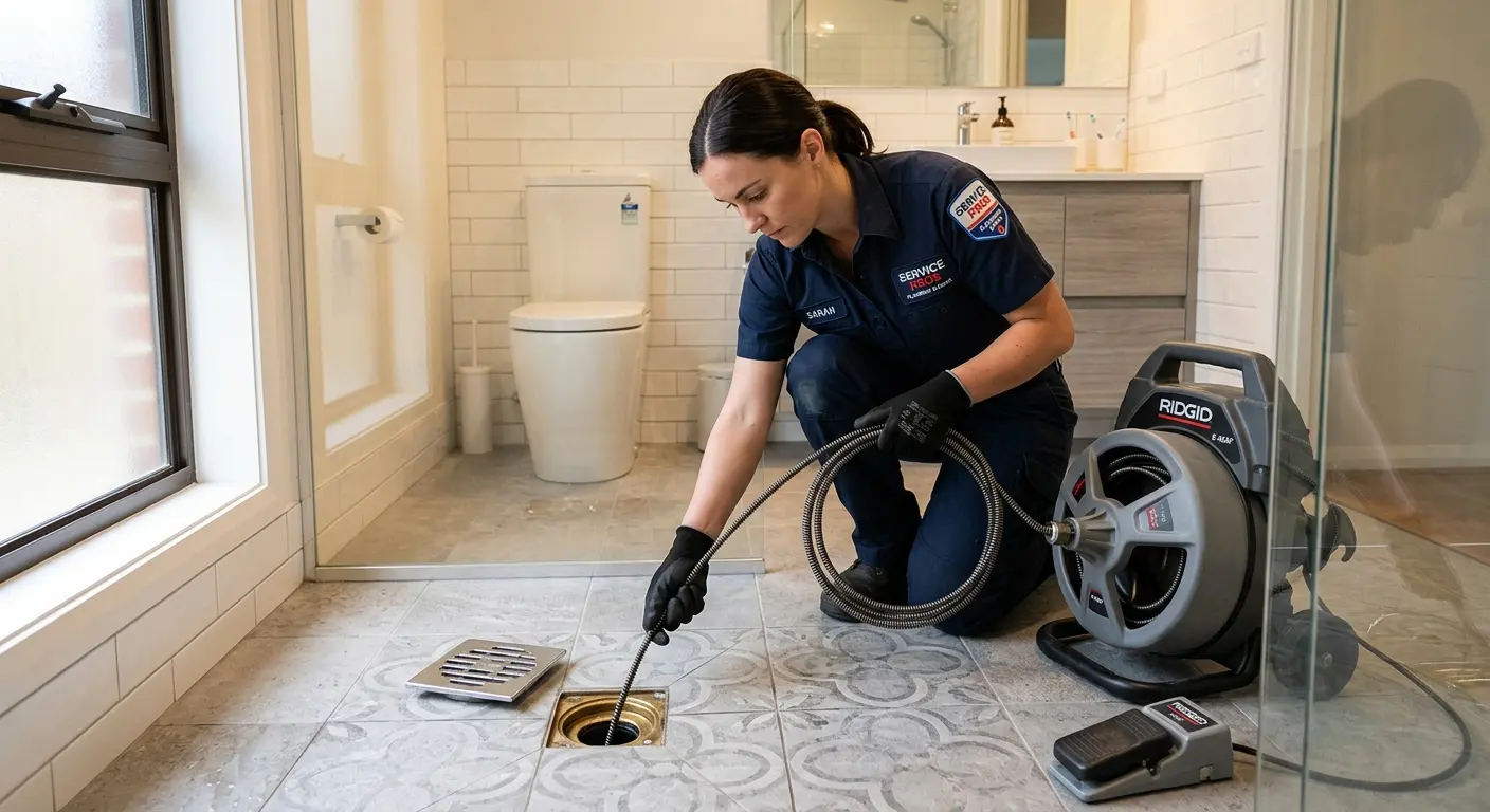 Technician clearing a bathroom floor drain for Sewer Line Replacement in East Nottingham